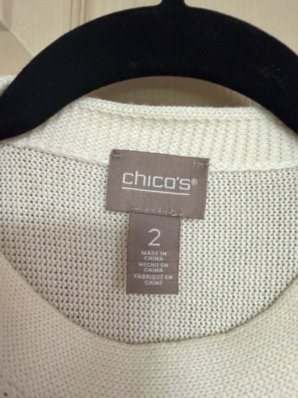 CHICO’s 2 White cream Crew Neck Long Sleeve Pullover Sweater Fringe Trim Size 12